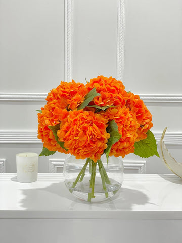 Large Real Touch Orange Hydrangea Arrangement in Round Glass Vase
